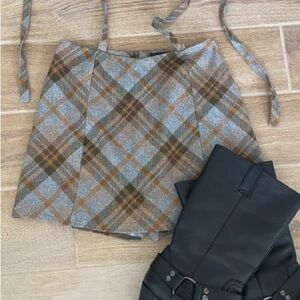 Plaid A-Line Skort in Gray and Brown
